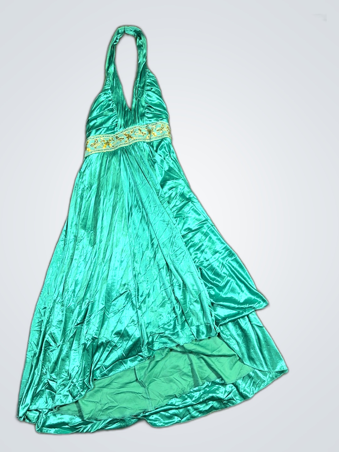 Teal Satin Halter Dress with Embellished Waist