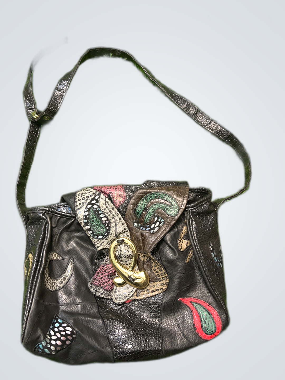 Black Leather Purse with Multi Color Skin Patchwor..