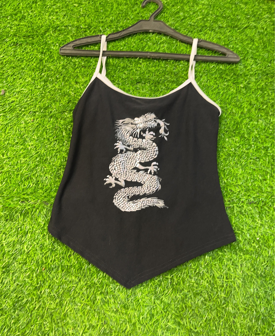 Black Tank Top with White Trim and Dragon Design