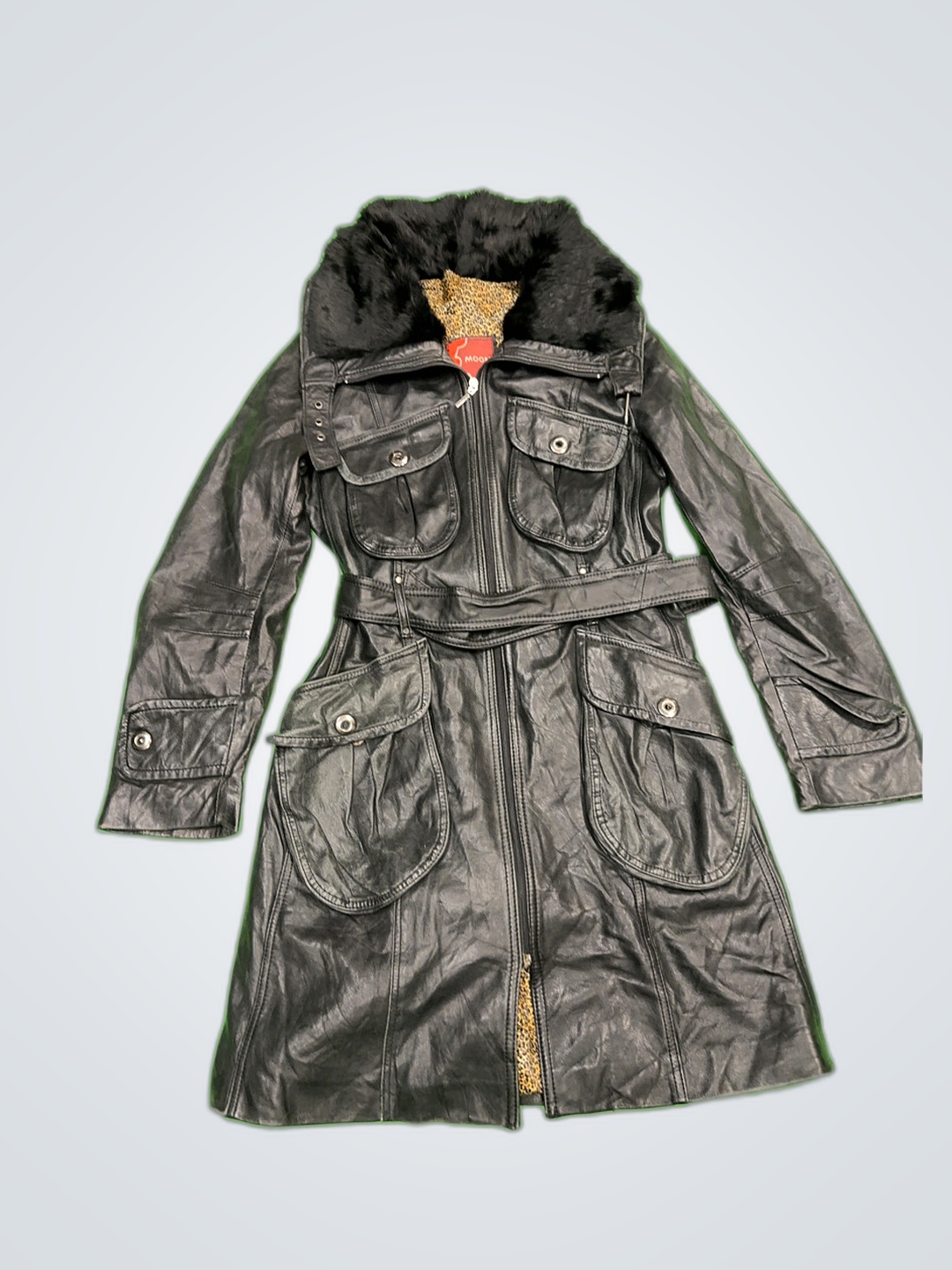 MOON Black Leather Coat with Fur-Lined Hood