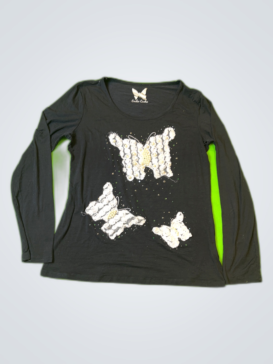Cache Cache Black Long Sleeve Butterfly Applique Top