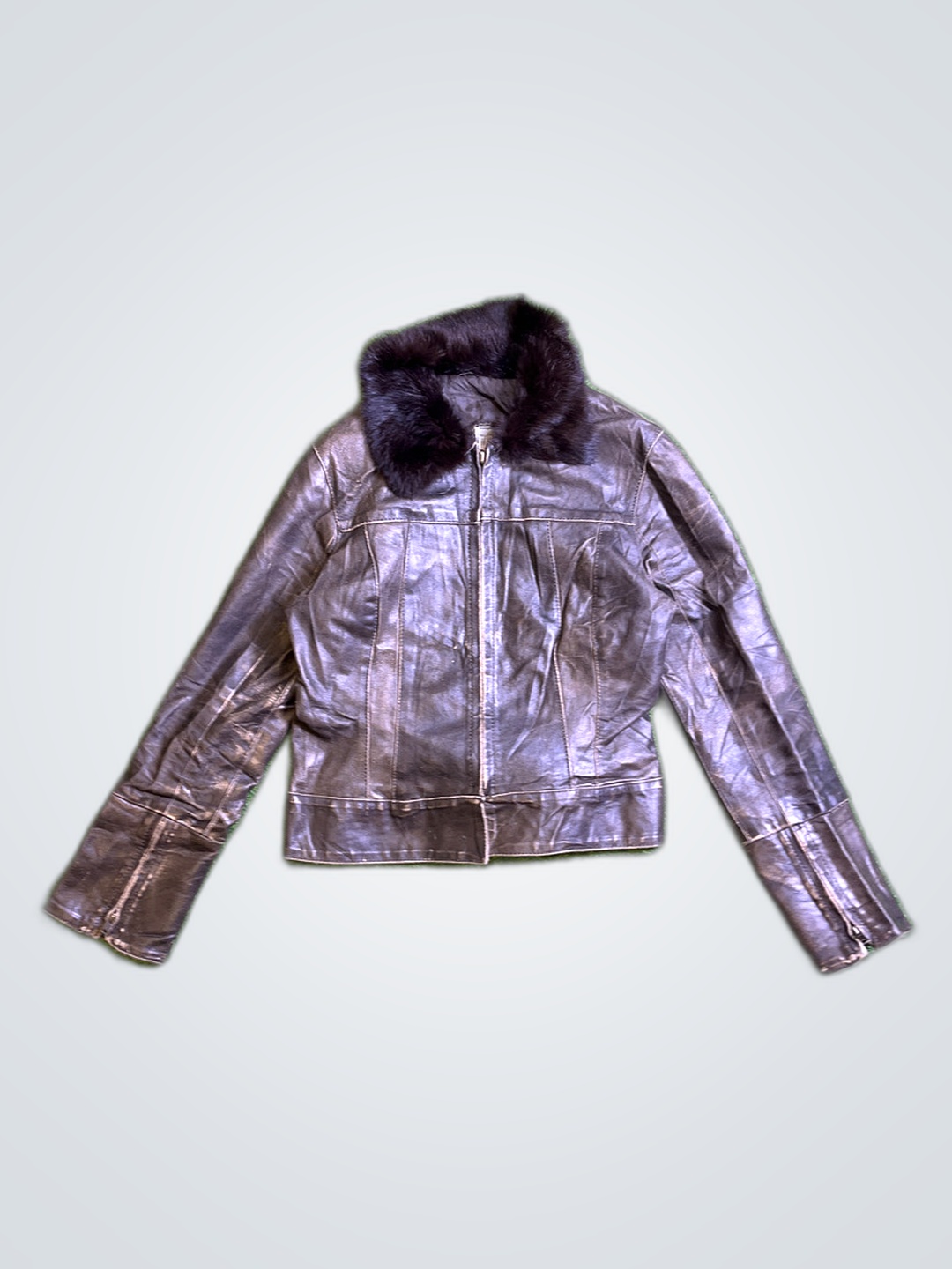 Jaqueta de Couro Marrom com Gola de Pele