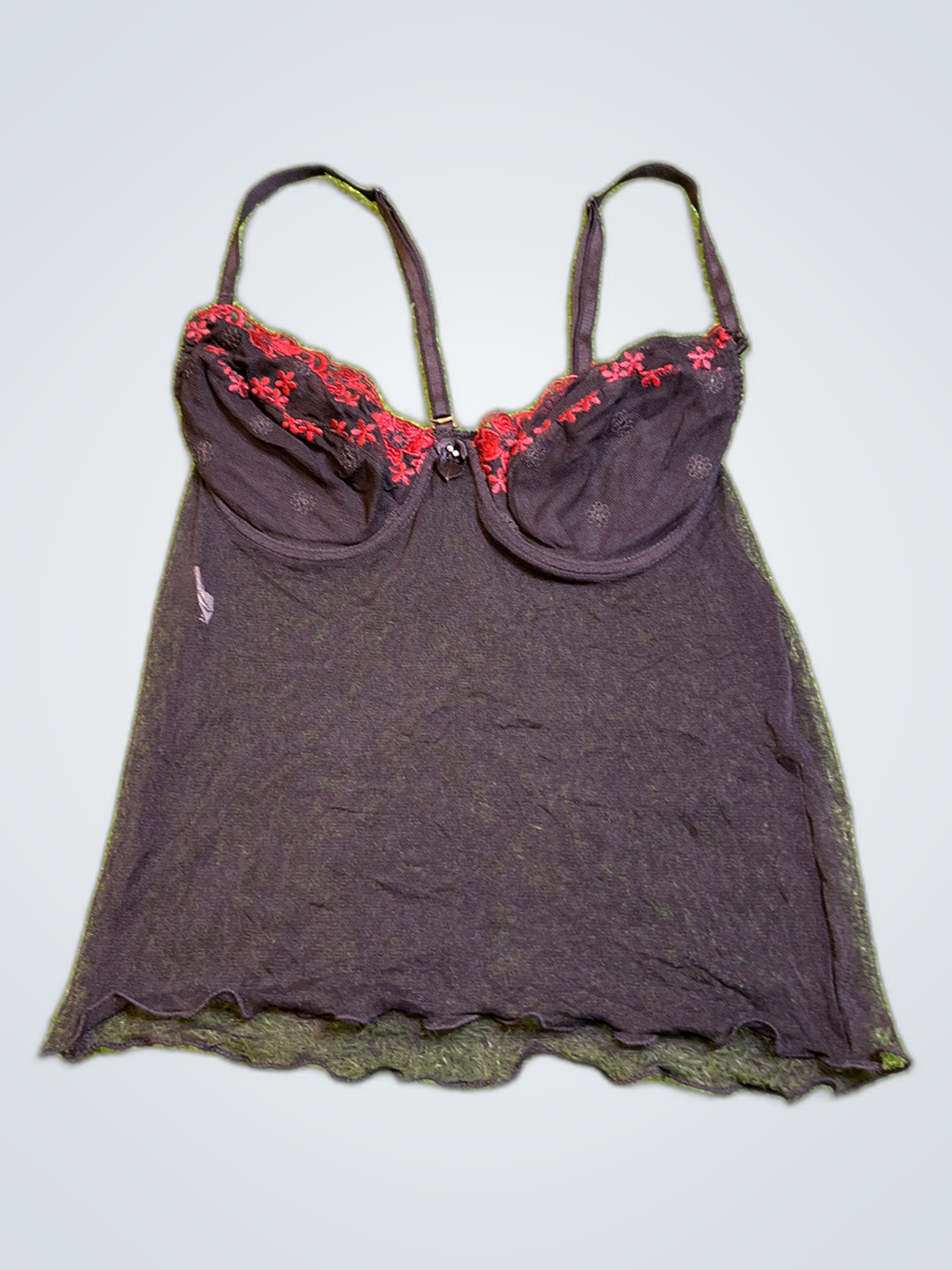 Camisole Preta com Detalhes Florais Vermelhos