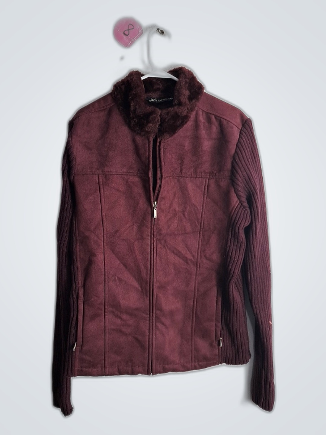 Maroon Zipper Jacket with Fur Collar