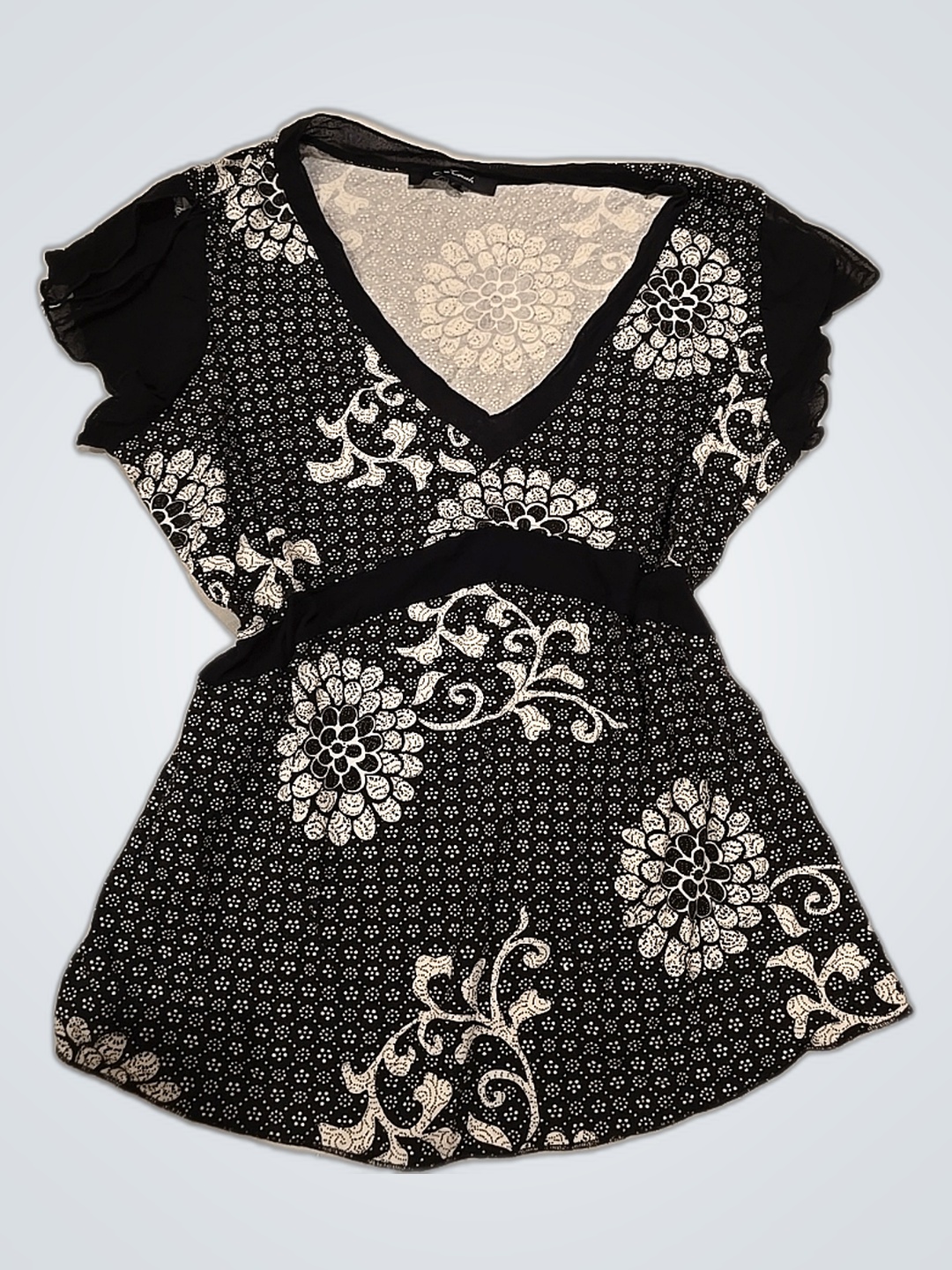 ワンタッチプリントVネックブラウス