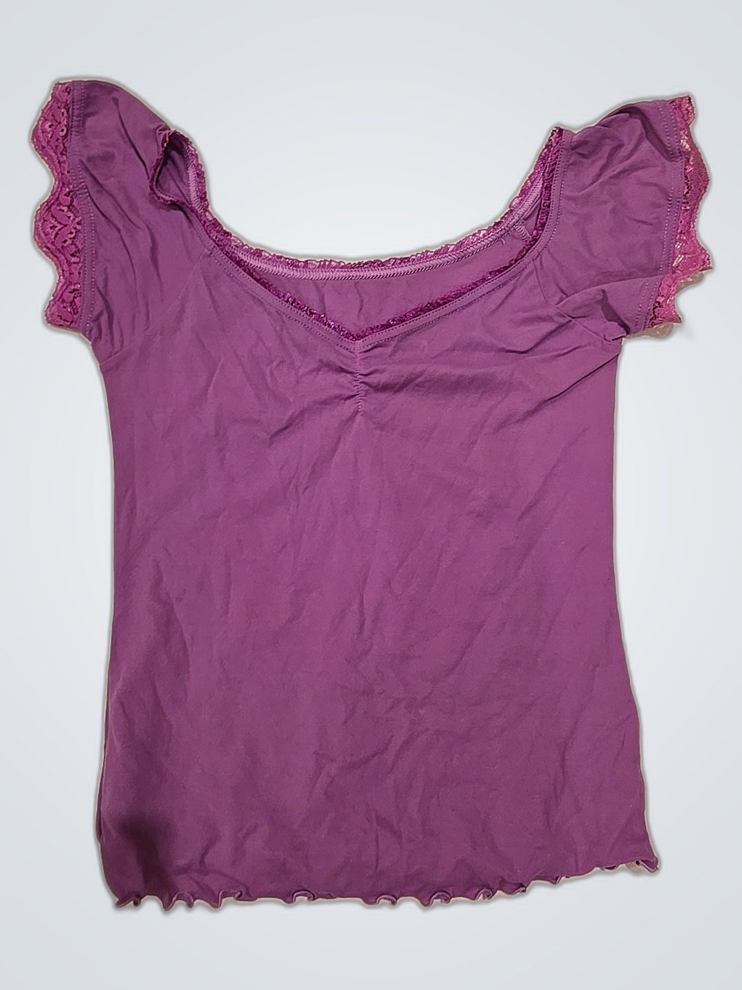 パープルラッフルスリーブブラウス