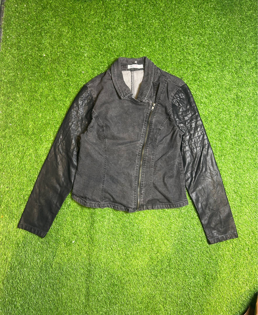 JustFab Black Denim Jacket with Leather Sleeves