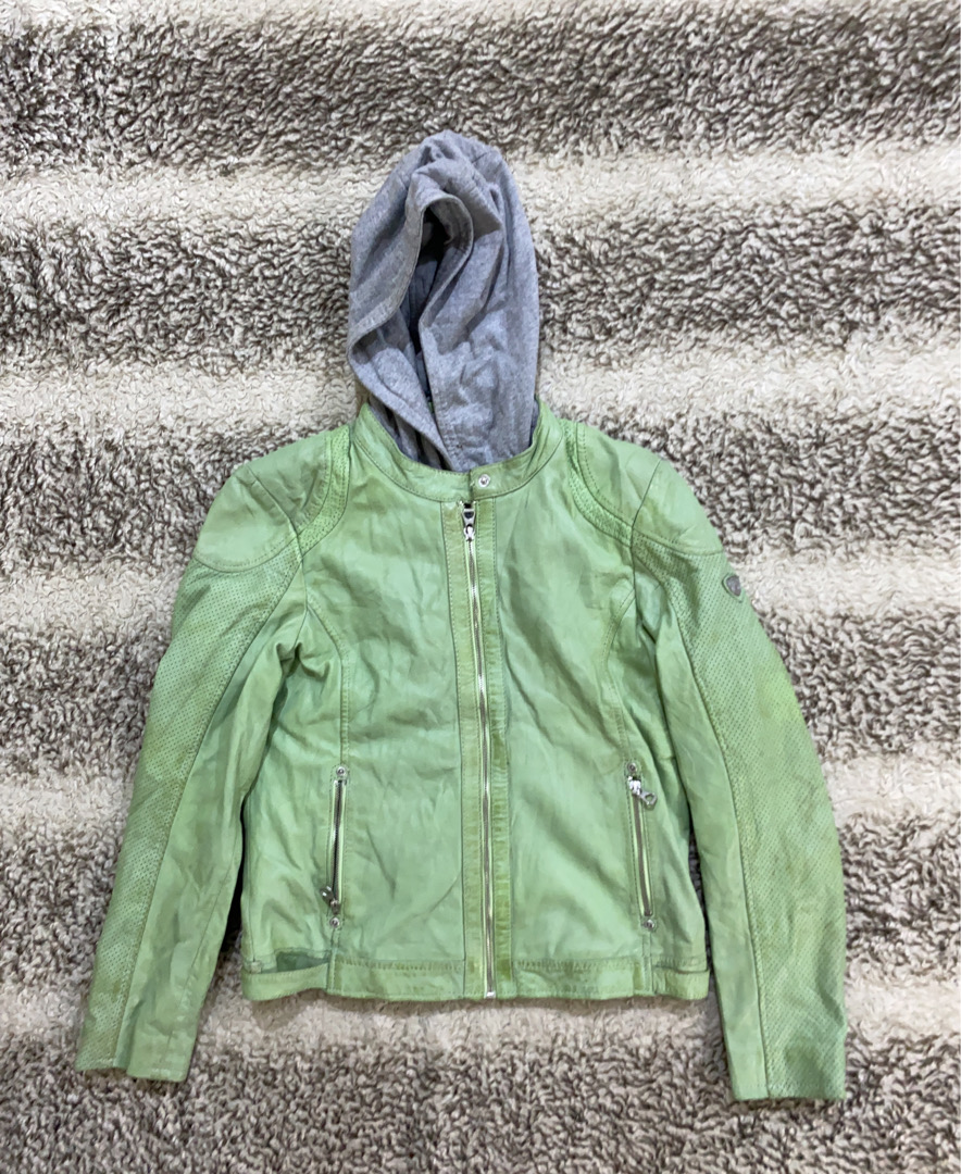 Gypsy Green Leather Jacket with Gray Hood