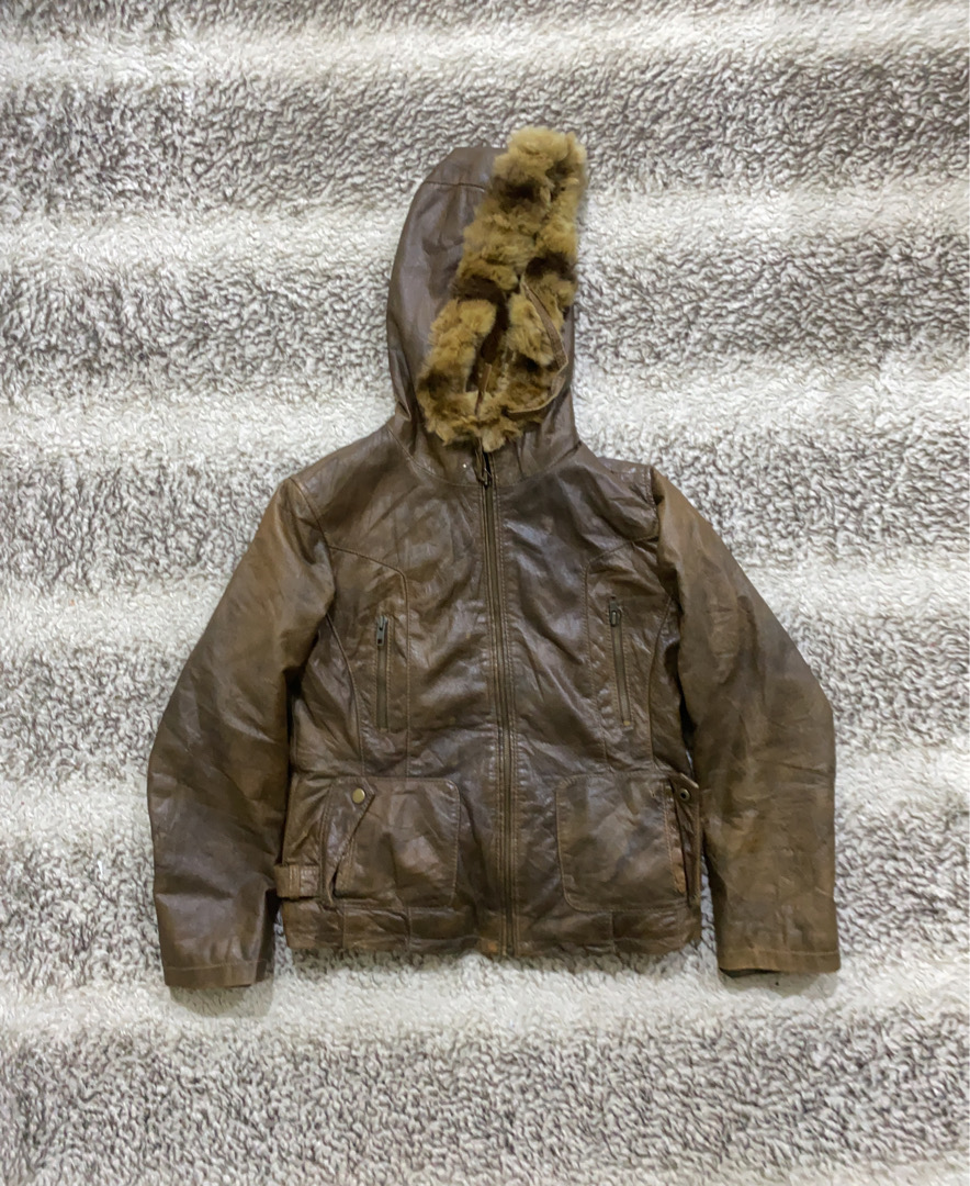 Brown Leather Jacket with Fur-Lined Hood