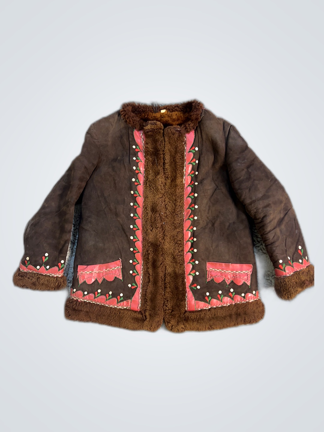 Brown Fur Jacket with Pink Accents