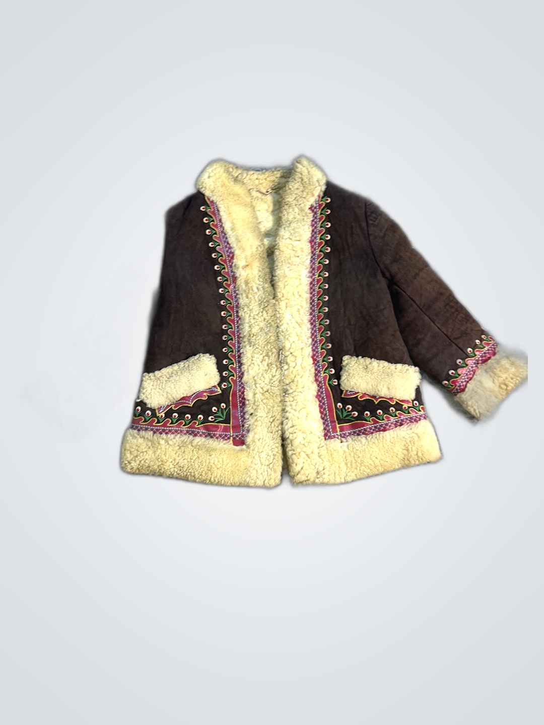 Brown Fur-Trimmed Jacket with Embroidered Design
