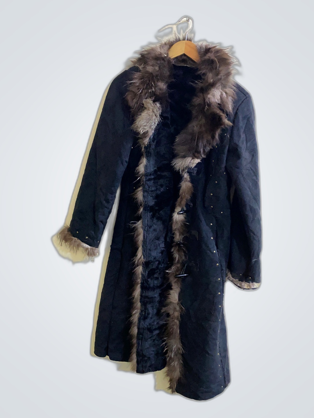 Long Black Fur-Trimmed Coat