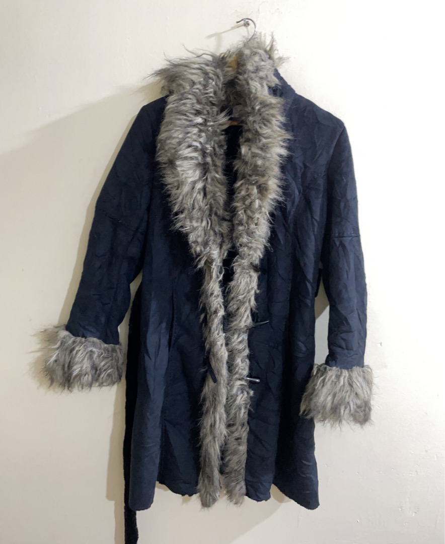 Navy Blue Fur Trimmed Coat