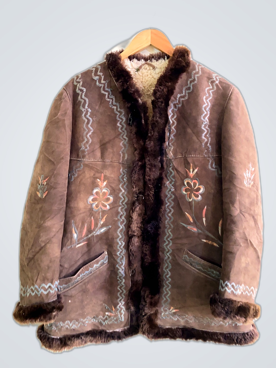 Brown Fur-Trimmed Coat with Floral Embroidery