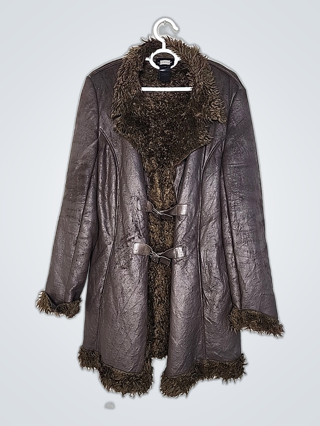Brown Leather Coat with Fur Trim