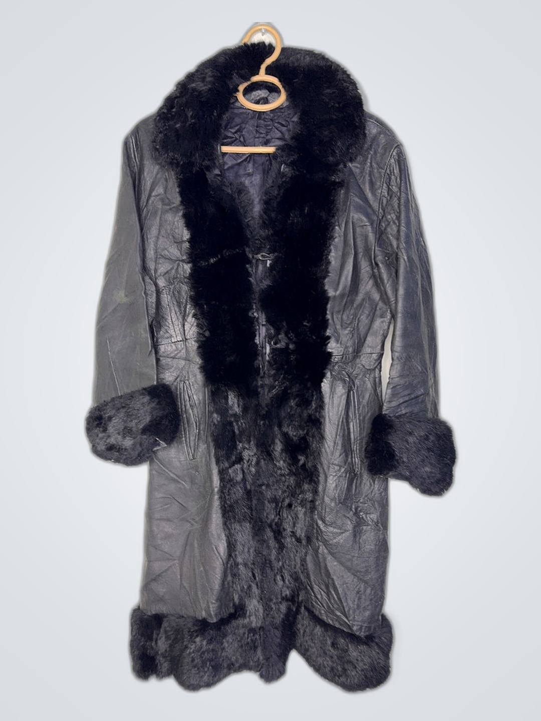 Black Leather Coat with Fur Trim