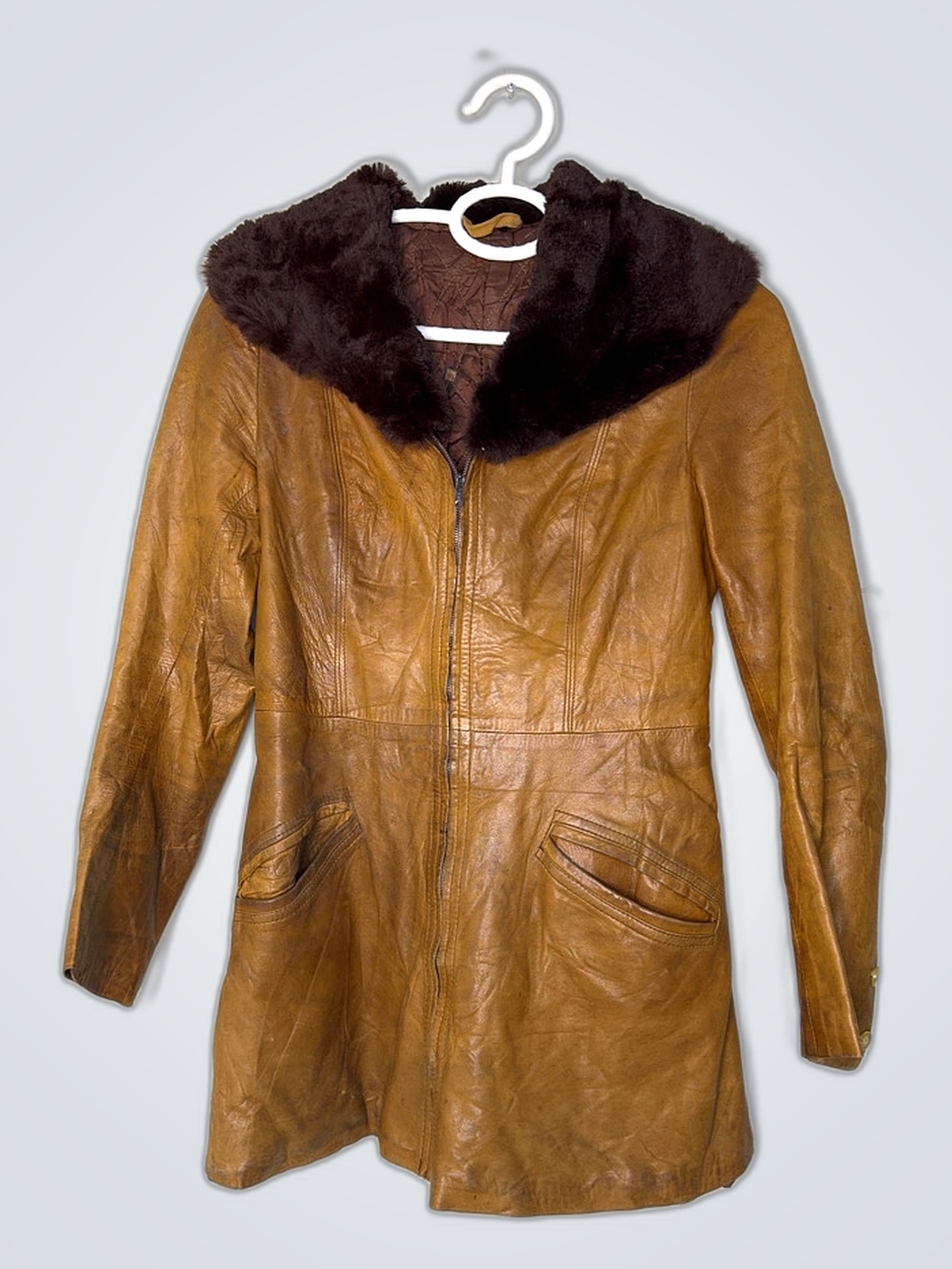 Brown Leather Coat with Fur Collar