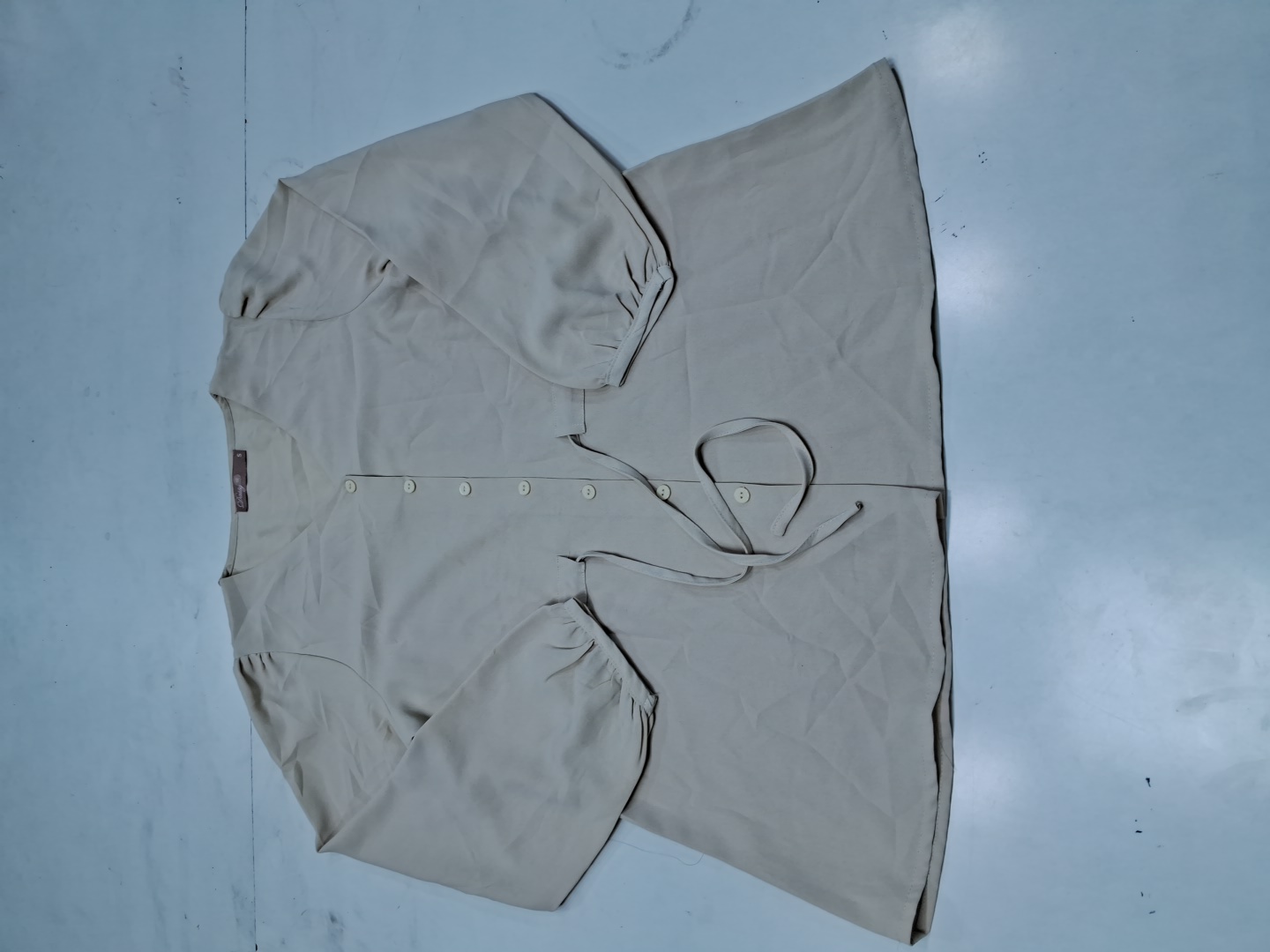 Daisy Beige Long Sleeve V-Neck Blouse with Tie Det..