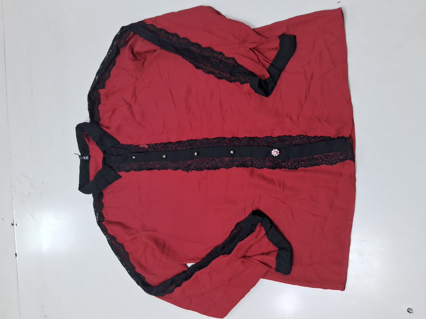 Waves Red Lace Trim Long Sleeve Blouse