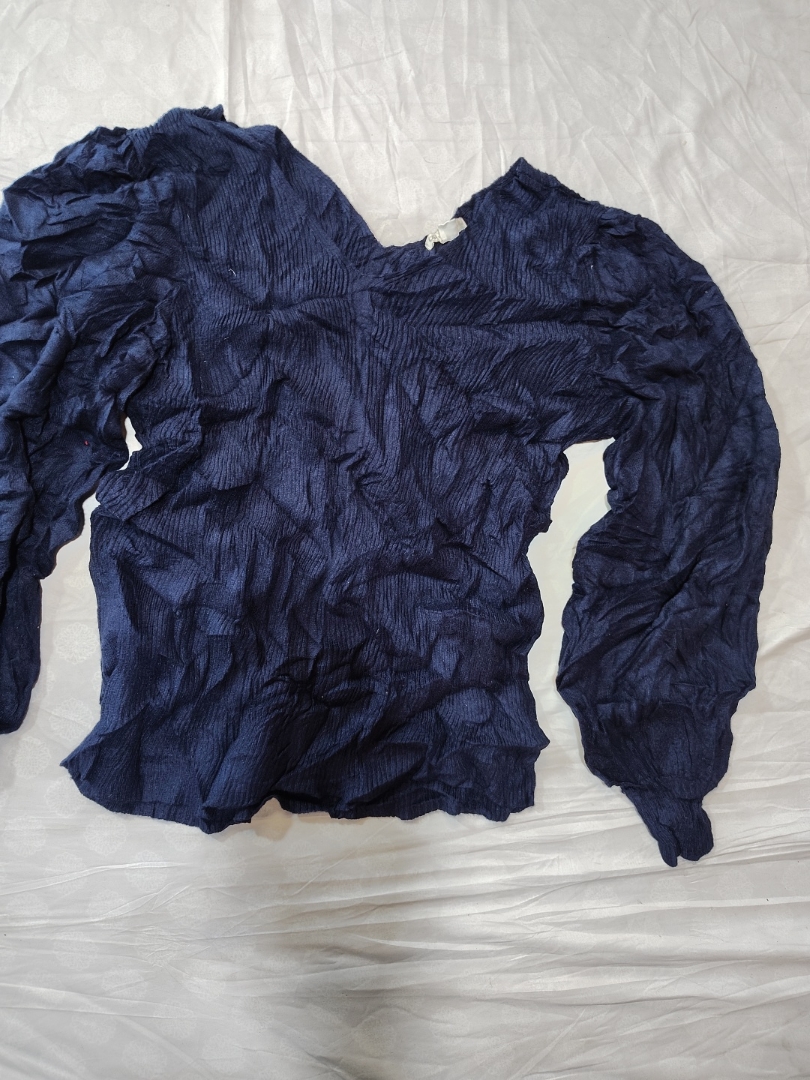 Caio Navy Crinkled Puffed Sleeve Blouse