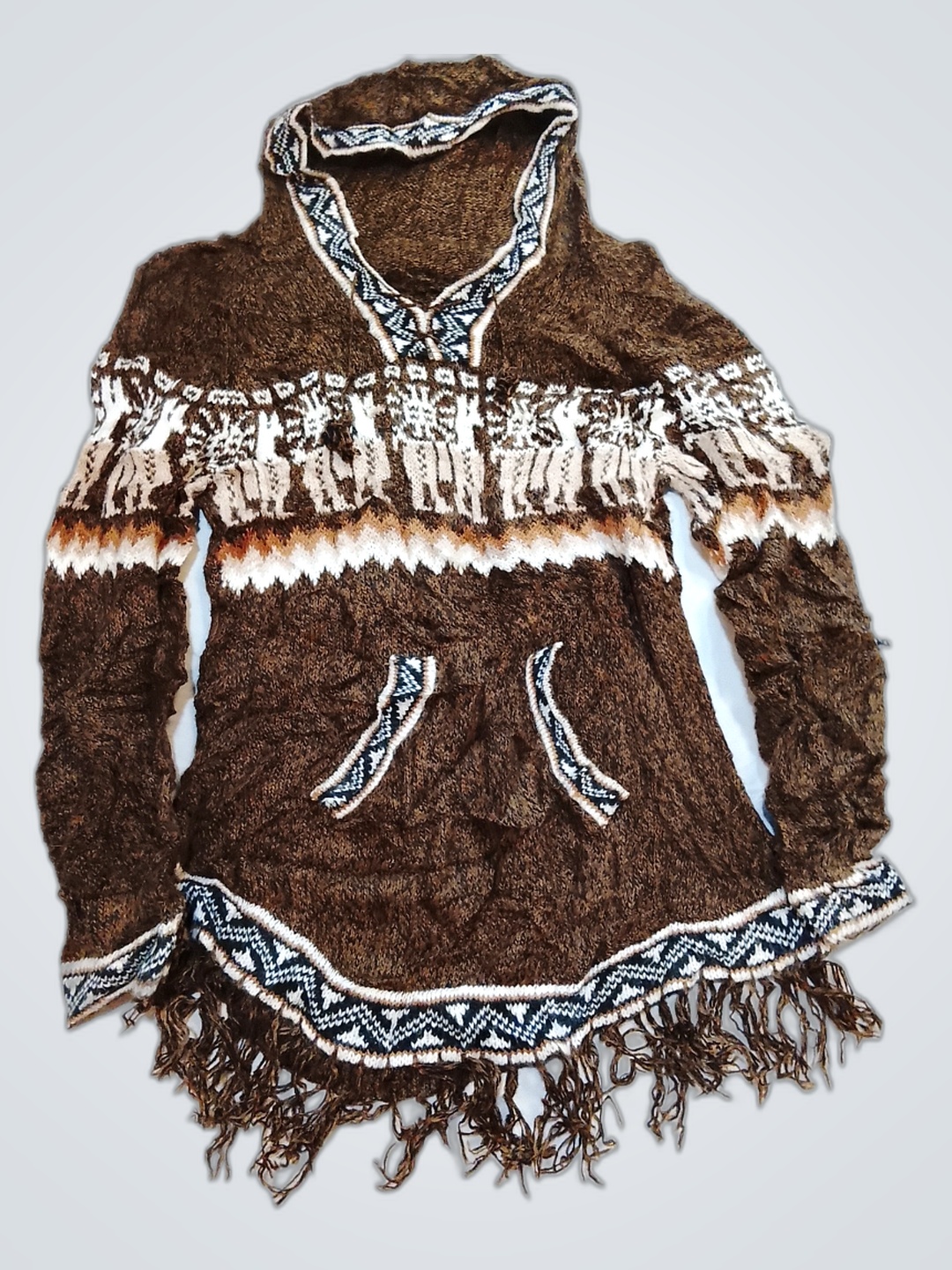 Brauner Fransen-Hauben-Poncho